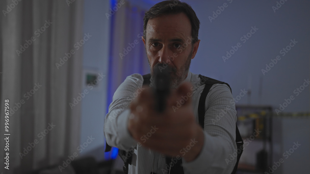 Mature bearded man in shirt with suspenders aiming a handgun indoors, depicting tension in a detective-like scenario. Mature bearded man in shirt with suspenders aiming a handgun indoors, depicting tension in a detective-like scenario.