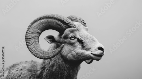 A close-up photo shows a wild ram's head and its large, curved horns. The image is in black and white, with the ram standing out against a plain background. photo