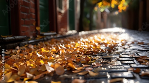 A picturesque alleyway illuminated by sunlight, featuring wet cobblestones and vibrant fallen autumn leaves scattered across the ground, creating a serene and cozy atmosphere.