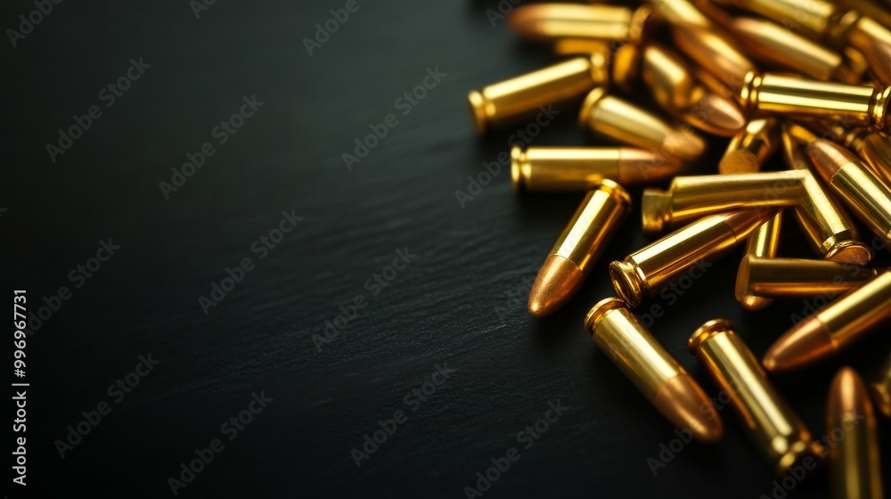 A close-up view of shiny brass bullets scattered on a black table, with empty space on the left for writing. A close-up view of shiny brass bullets scattered on a black table, with empty space on the left for writing.