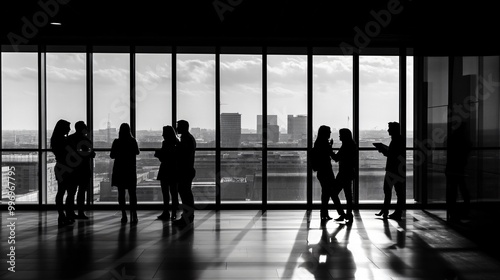 Group of diverse office workers brainstorming ideas around a table, copy space 