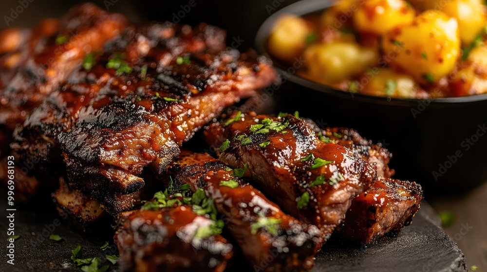 A mouth-watering image of perfectly barbecued ribs slathered in sauce, garnished with herbs, and served alongside a flavorful bowl of golden potatoes, ideal for food lovers. A mouth-watering image of perfectly barbecued ribs slathered in sauce, garnished with herbs, and served alongside a flavorful bowl of golden potatoes, ideal for food lovers.