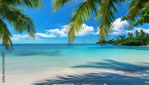 Idyllic tropical beach featuring crystal-clear blue waters and swaying palm trees