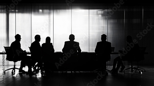 Group of diverse office workers brainstorming ideas around a table, copy space 