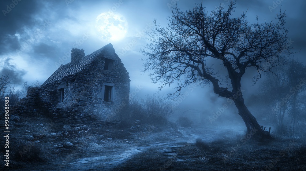 A crumbling stone house stands alone in a deserted garden, bathed in the eerie glow of moonlight. A dead tree casts a long shadow against the misty backdrop. A crumbling stone house stands alone in a deserted garden, bathed in the eerie glow of moonlight. A dead tree casts a long shadow against the misty backdrop.