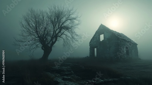 A crumbling stone house stands alone in a deserted garden, bathed in the eerie glow of moonlight. A dead tree casts a long shadow against the misty backdrop.