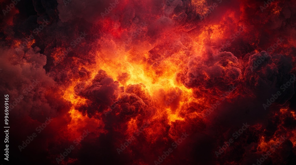A fiery explosion against a dark background with shades of red, orange, and yellow. The scene is ominous and terrifying, like a glimpse of hell. It's a wide, panoramic design. A fiery explosion against a dark background with shades of red, orange, and yellow. The scene is ominous and terrifying, like a glimpse of hell. It's a wide, panoramic design.
