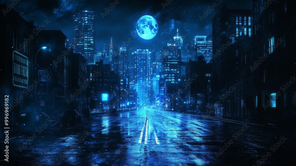 Naklejka premium A dark, empty street. Moonlight shines on a wet road. Blue neon lights glow in the distance. The cityscape stretches out behind, all shrouded in darkness.