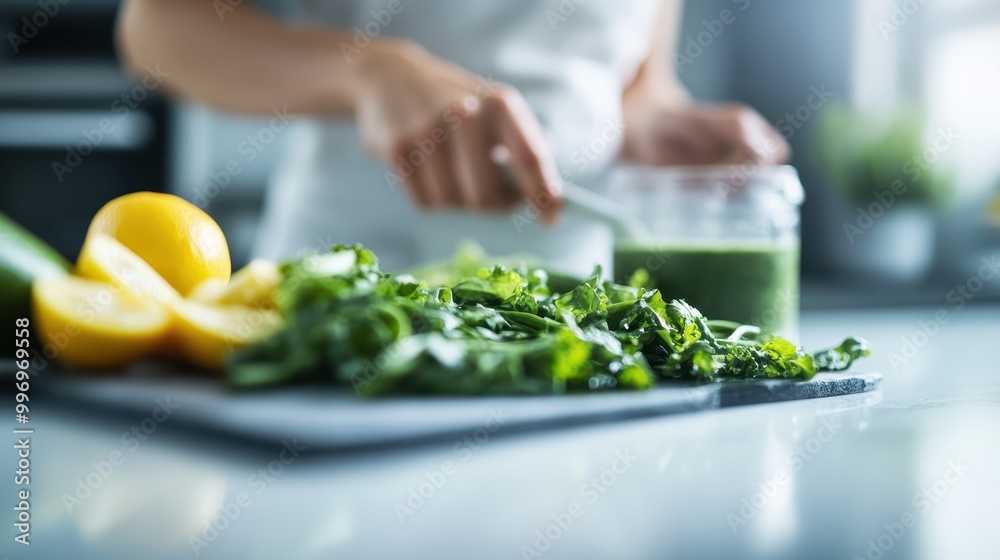 The person is seen preparing a meal with fresh green vegetables placed on a cutting board next to halved lemons, implying a healthy and fresh culinary activity in the kitchen. The person is seen preparing a meal with fresh green vegetables placed on a cutting board next to halved lemons, implying a healthy and fresh culinary activity in the kitchen.