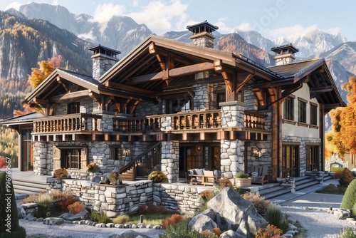 A picturesque mountain chalet with a stone exterior and wooden beams. The house has a large balcony with a stunning view of the mountains and a cozy interior.