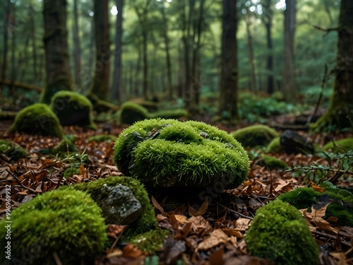 Moss-covered stones in a forest setting.