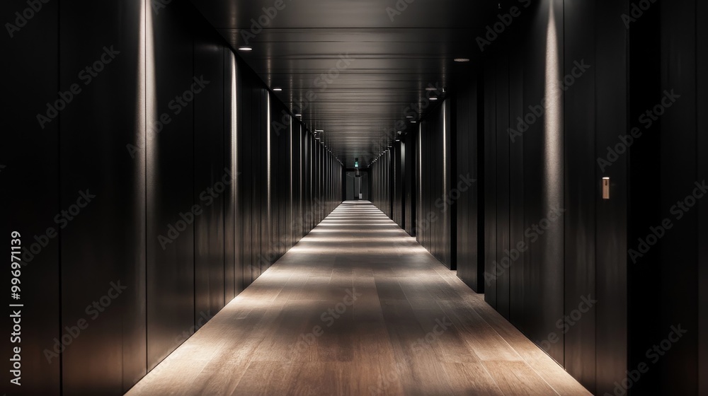 A long, black hallway with no light coming in. A long, black hallway with no light coming in.