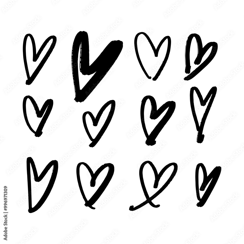 Hand-drawn sticker pack set of black brush ink isolated hearts. Decor element. Valentine's day heart card, pattern element and love symbols. Vector, clip-art.