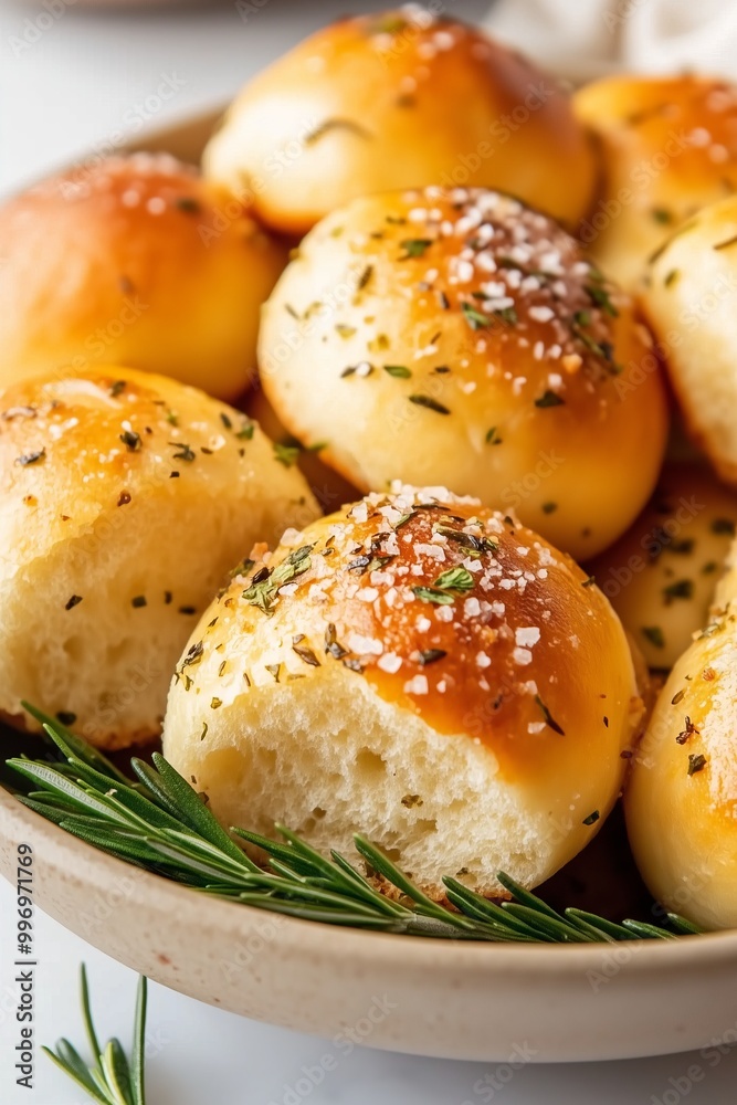 bowl filled with freshly baked, golden-brown garlic herb rolls. The rolls are topped with a sprinkle of rosemary and flaky sea salt, giving them a rustic, homemade appearance bowl filled with freshly baked, golden-brown garlic herb rolls. The rolls are topped with a sprinkle of rosemary and flaky sea salt, giving them a rustic, homemade appearance