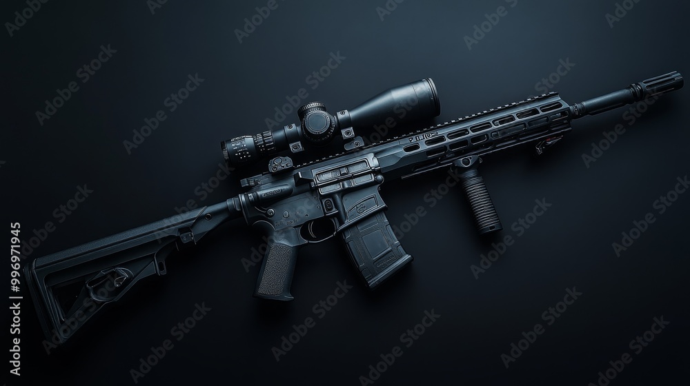 A modern rifle with a silencer and a special sight, designed for police and special forces. The photo shows the weapon on a dark background. A modern rifle with a silencer and a special sight, designed for police and special forces. The photo shows the weapon on a dark background.