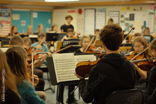 Classroom Filled with Music as Students Play Various Instruments, Harmony and Creativity Unleashed