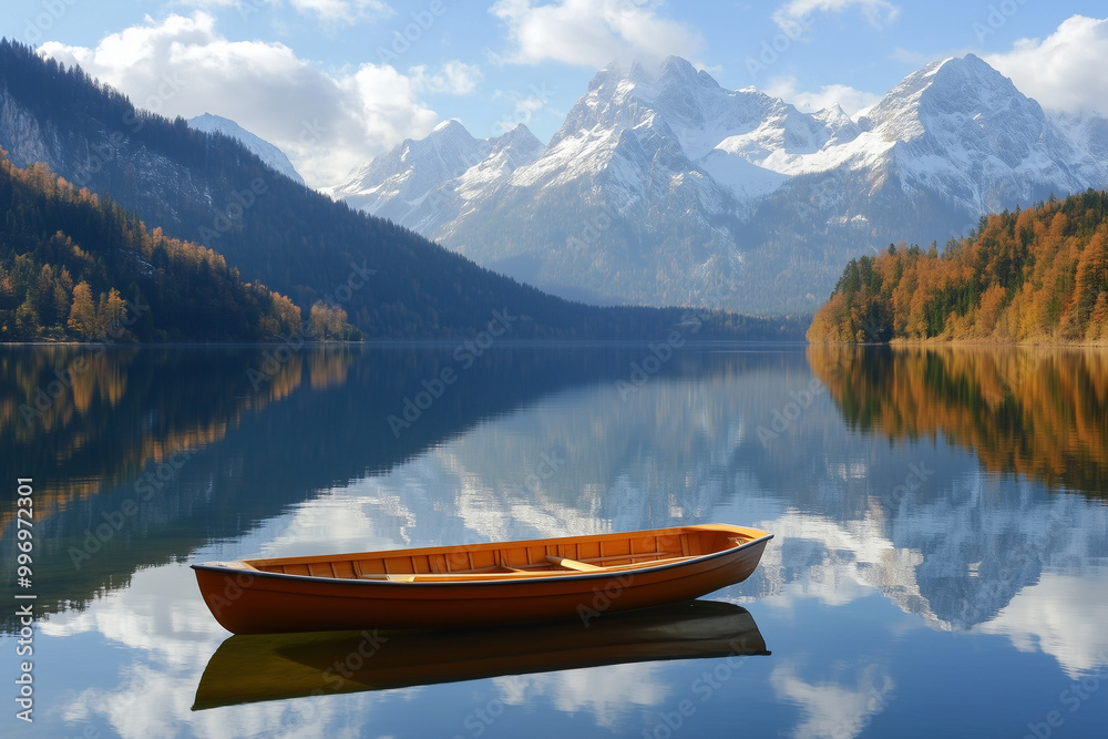 Small Rowboat on a Mountain Lake with Snow-Capped Peaks in the Distance, a Serene Escape Small Rowboat on a Mountain Lake with Snow-Capped Peaks in the Distance, a Serene Escape
