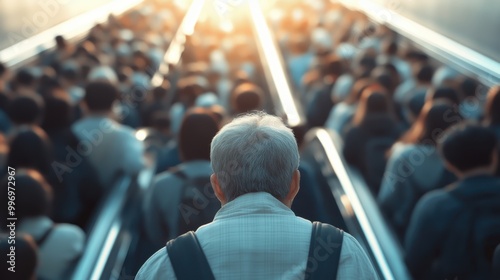 A captivating image featuring a crowded escalator filled with commuters, captured under the warm sunlight, showcasing the hustle and bustle of everyday urban life.