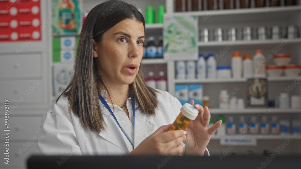 A young woman pharmacist examines medication in a modern drugstore, surrounded by shelves of various products. A young woman pharmacist examines medication in a modern drugstore, surrounded by shelves of various products.