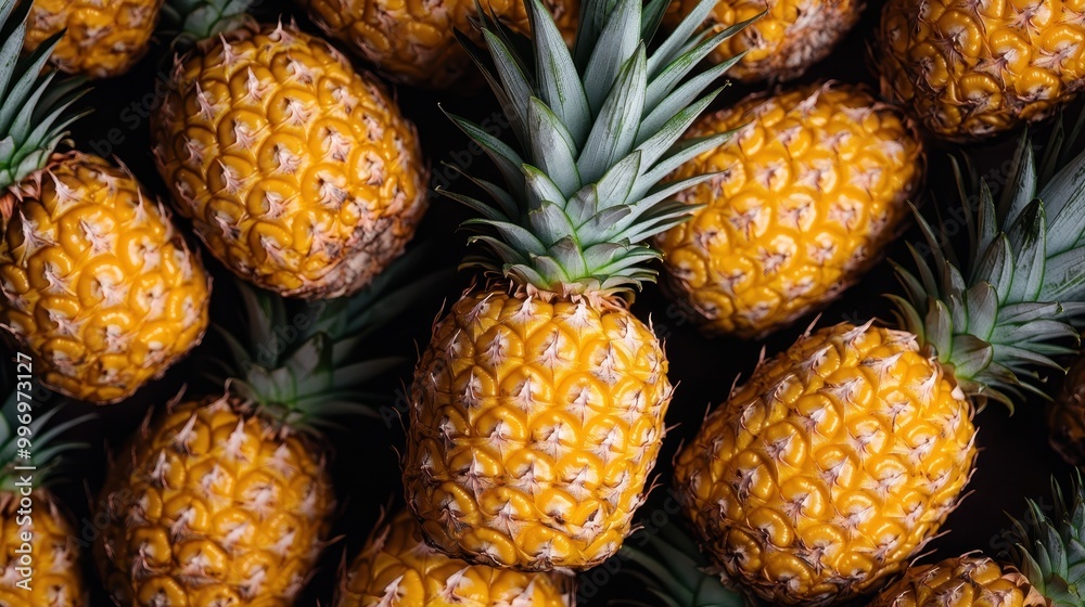 An extreme close-up view of several ripe pineapples, emphasizing their detailed texture and vibrant yellow-orange skin complemented by the fresh green leaves on a dark background. An extreme close-up view of several ripe pineapples, emphasizing their detailed texture and vibrant yellow-orange skin complemented by the fresh green leaves on a dark background.