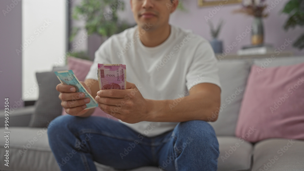 A young man examines indian currency while sitting on a couch in a cozy living room. A young man examines indian currency while sitting on a couch in a cozy living room.