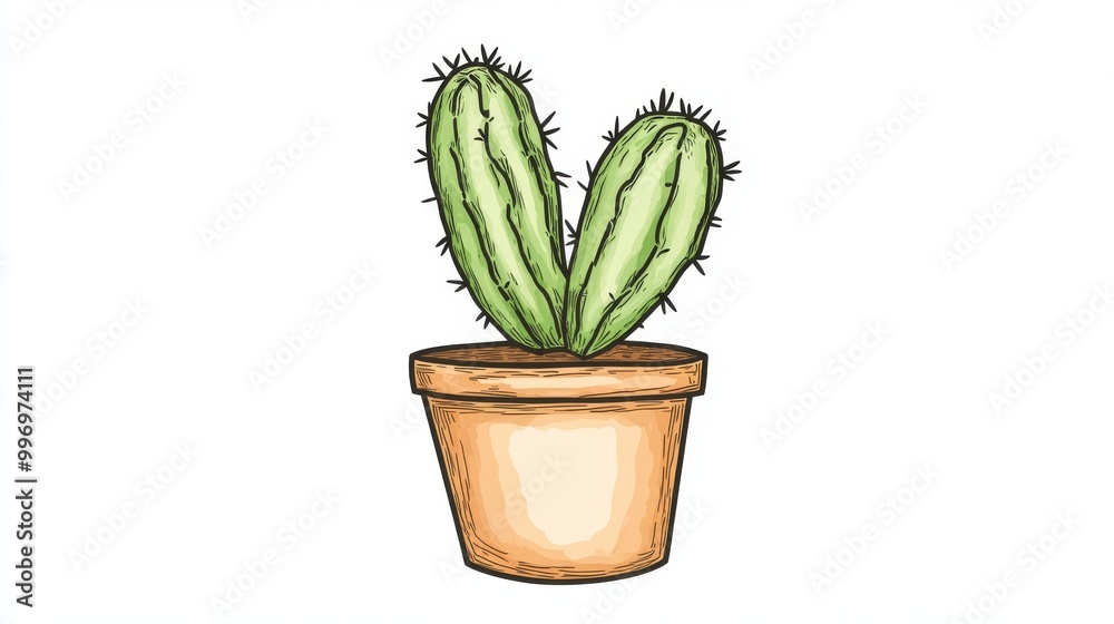 A simple drawing of a chin cactus plant in a pot. The cactus is green and has a spiky texture. It's set against a white background, like it's been drawn by hand. A simple drawing of a chin cactus plant in a pot. The cactus is green and has a spiky texture. It's set against a white background, like it's been drawn by hand.