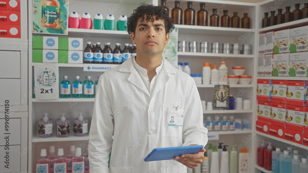 Hispanic pharmacist holding tablet in a drugstore with shelves of medications. Hispanic pharmacist holding tablet in a drugstore with shelves of medications.