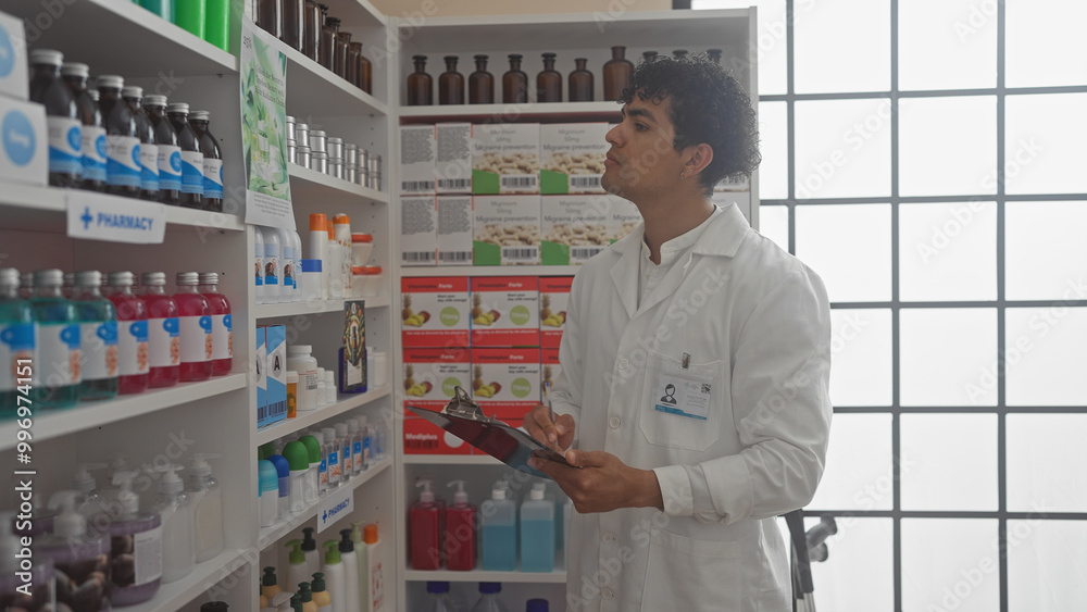 Hispanic pharmacist man inventorying medicines in a modern pharmacy Hispanic pharmacist man inventorying medicines in a modern pharmacy