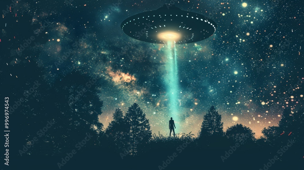 A lone figure stands in a field at night, gazing up at a glowing UFO in the sky,World UFO Day A lone figure stands in a field at night, gazing up at a glowing UFO in the sky,World UFO Day