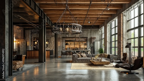 An industrial living room with polished concrete floors, a wooden beam ceiling, and a large metal chandelier