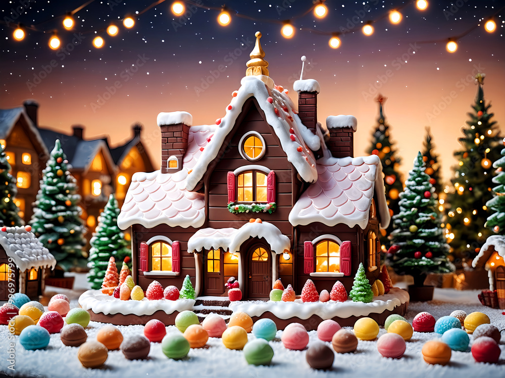 Fototapeta premium クリスマス、お菓子の家、ケーキの家、スイーツ、サンタクロース、パーティー、メリークリスマスで夜空