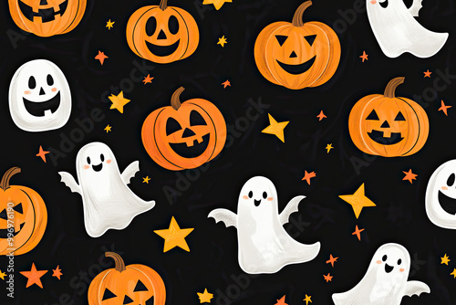 A seamless Halloween pattern featuring cheerful pumpkins, playful ghosts, and orange stars set against a black background.