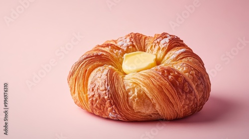Wallpaper Mural A delicious flaky croissant is featured prominently, showcasing a golden exterior and a creamy dollop of butter nestled in the center on a soft pink backdrop Torontodigital.ca