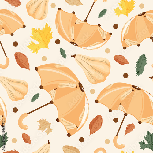 seamless autumn pattern with umbrellas with design of long white pumpkins, pumpkins and autumn leaves on white background, vector