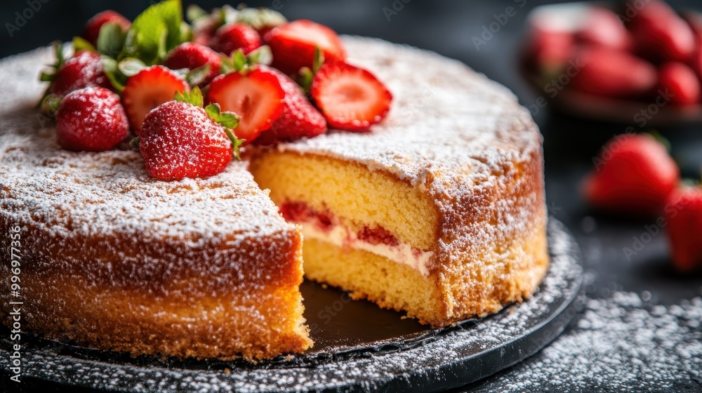 A beautifully baked sponge cake is decorated with fresh strawberries and a delicate dusting of powdered sugar, sitting on a dark background, highlighting its golden perfection. A beautifully baked sponge cake is decorated with fresh strawberries and a delicate dusting of powdered sugar, sitting on a dark background, highlighting its golden perfection.