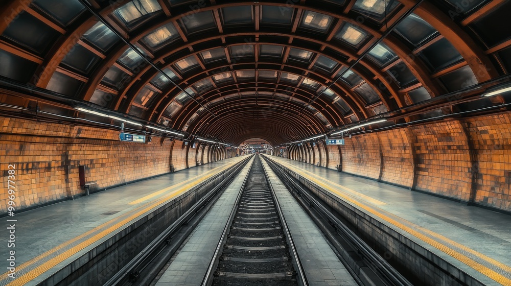 A wide view of a European subway station, showing the tracks and platforms extending into the distance. A wide view of a European subway station, showing the tracks and platforms extending into the distance.