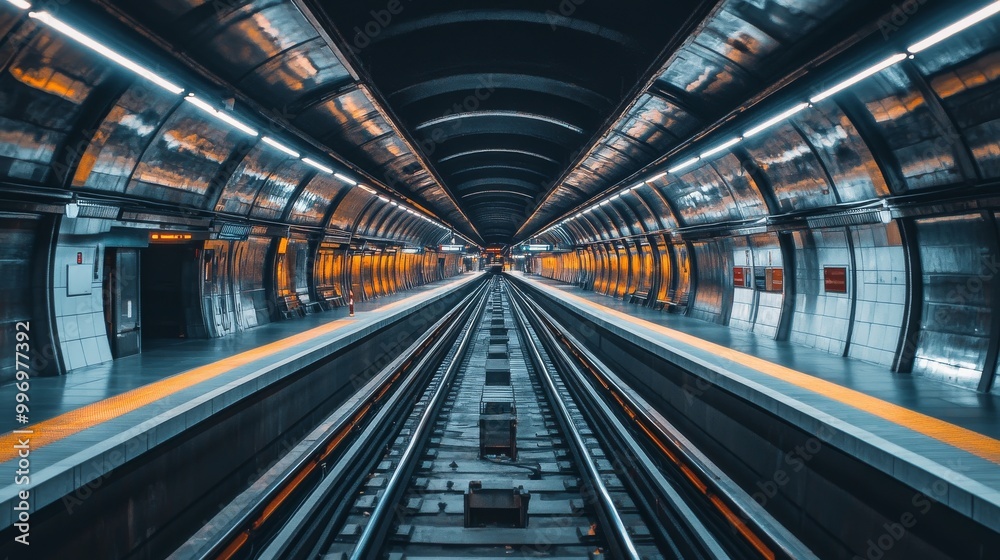 A wide view of a European subway station, showing the tracks and platforms extending into the distance. A wide view of a European subway station, showing the tracks and platforms extending into the distance.