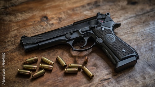 Airsoft gun, co2 cartridges and plastic pellets, semi automatic pistol, black metallic pistol on the table