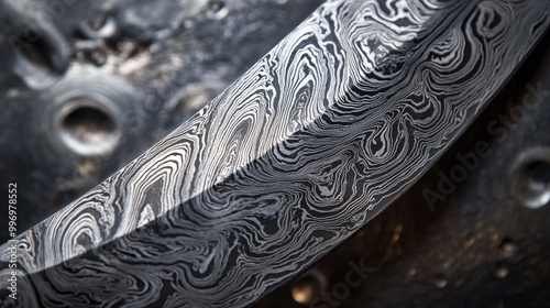 Close-up photo of a Damascus steel knife, showcasing its intricate pattern. The metal has a unique swirling design, typical of Damascus steel.