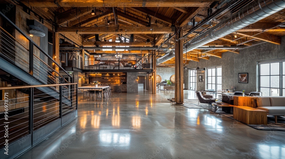 An industrial loft with polished concrete floors, wooden beams, and metal railings around a spacious open plan area An industrial loft with polished concrete floors, wooden beams, and metal railings around a spacious open plan area