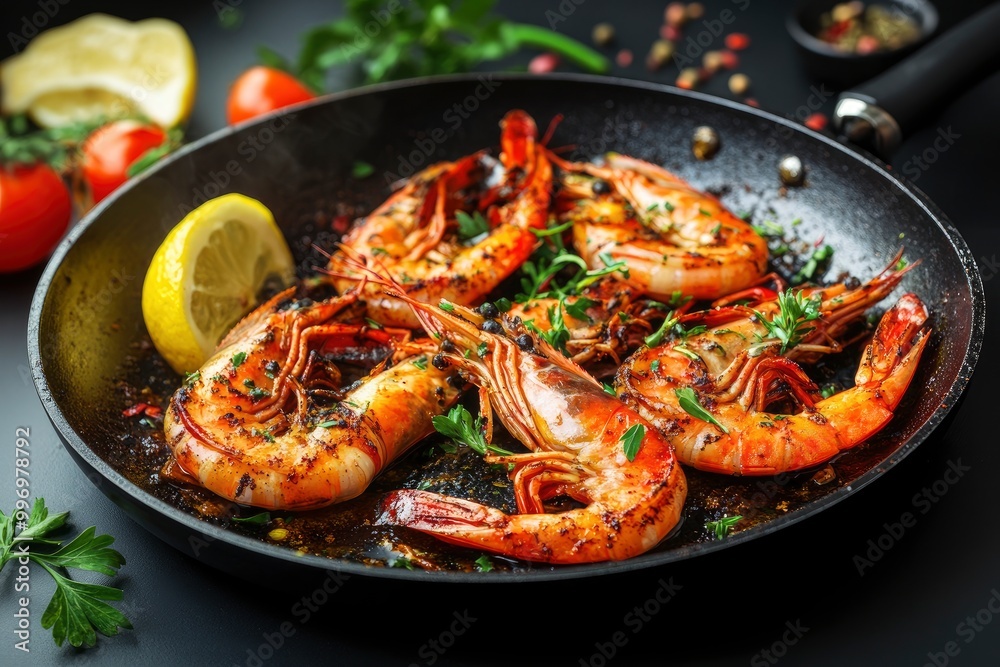 Grilled large shrimps (tiger) cooked in a frying pan with spices, herbs and lemon on a dark background - generative ai Grilled large shrimps (tiger) cooked in a frying pan with spices, herbs and lemon on a dark background - generative ai