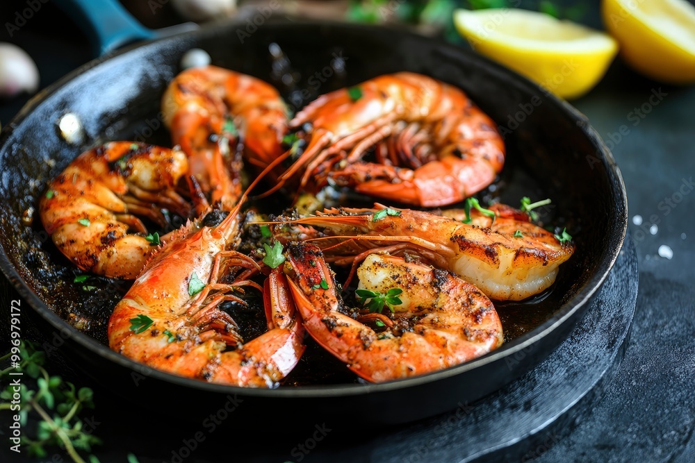 Grilled large shrimps (tiger) cooked in a frying pan with spices, herbs and lemon on a dark background - generative ai Grilled large shrimps (tiger) cooked in a frying pan with spices, herbs and lemon on a dark background - generative ai