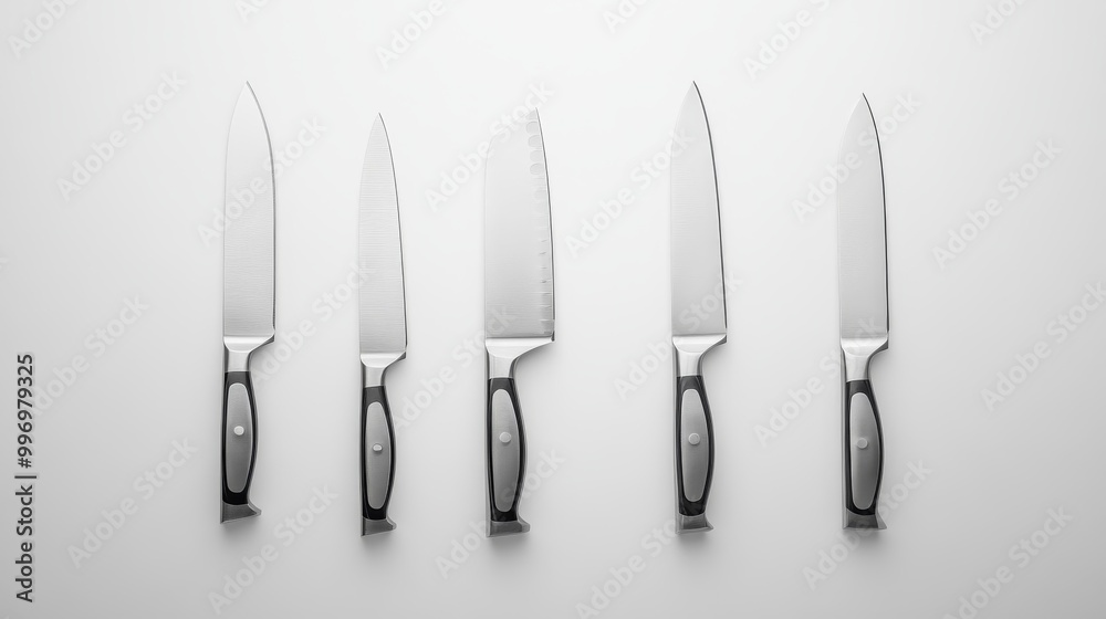 Sharp kitchen knives made of steel, shown against a plain white backdrop. Sharp kitchen knives made of steel, shown against a plain white backdrop.