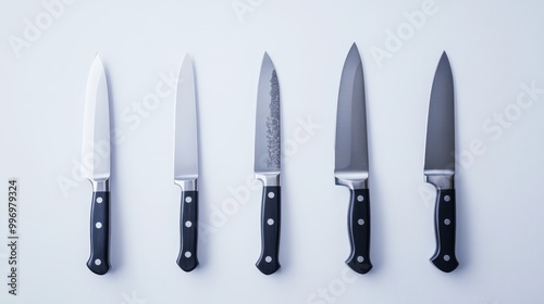 Sharp kitchen knives made of steel, shown against a plain white backdrop.