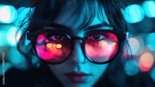 A person is depicted in front of an abstract bokeh lights background, creating a captivating and dreamy nighttime photo. Ideal for modern and artistic displays. photo