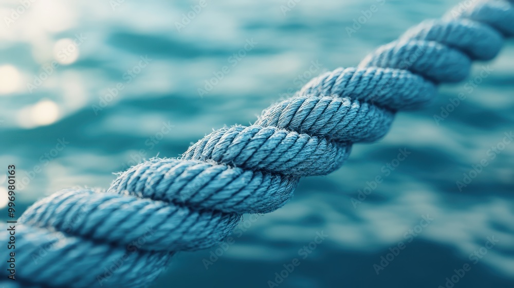 This image shows a detailed close-up of blue rope set against a softly blurred water background, emphasizing textures and colors in a maritime context. This image shows a detailed close-up of blue rope set against a softly blurred water background, emphasizing textures and colors in a maritime context.