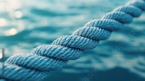 This image shows a detailed close-up of blue rope set against a softly blurred water background, emphasizing textures and colors in a maritime context.