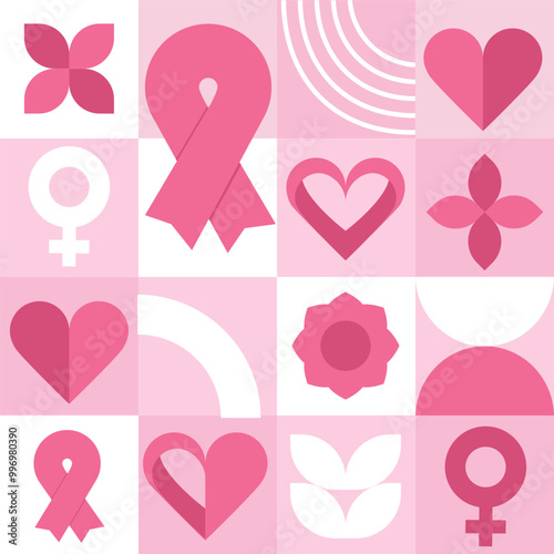 Breast Cancer awareness banner illustration. Pink October month female healthcare campaign solidarity. Modern geometric seamless pattern. Vector concept minimalist design.