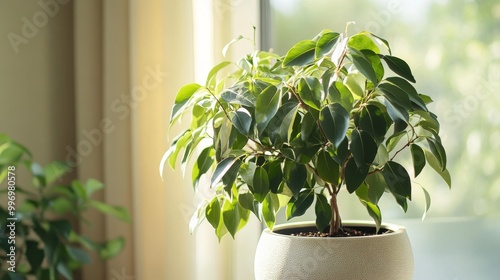 The leafy branches of a ficus Benjamin plant fill a round pot. This shows how houseplants add a touch of green to any home. photo