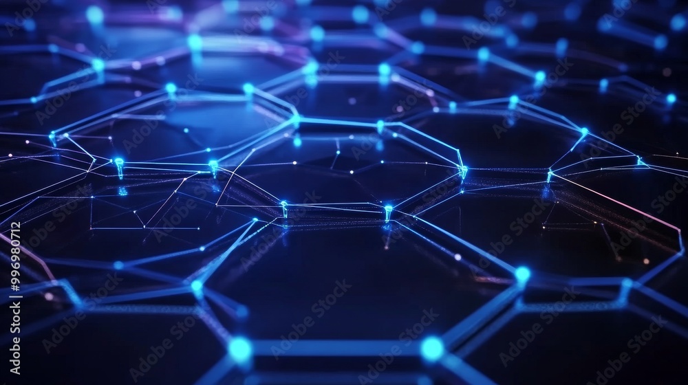 A hexagonal nano grid. A Molecular honeycomb network. A neural network. A concept from nanotechnology and big data. A 3D illustration of a particle field in cyberspace. A hexagonal nano grid. A Molecular honeycomb network. A neural network. A concept from nanotechnology and big data. A 3D illustration of a particle field in cyberspace.